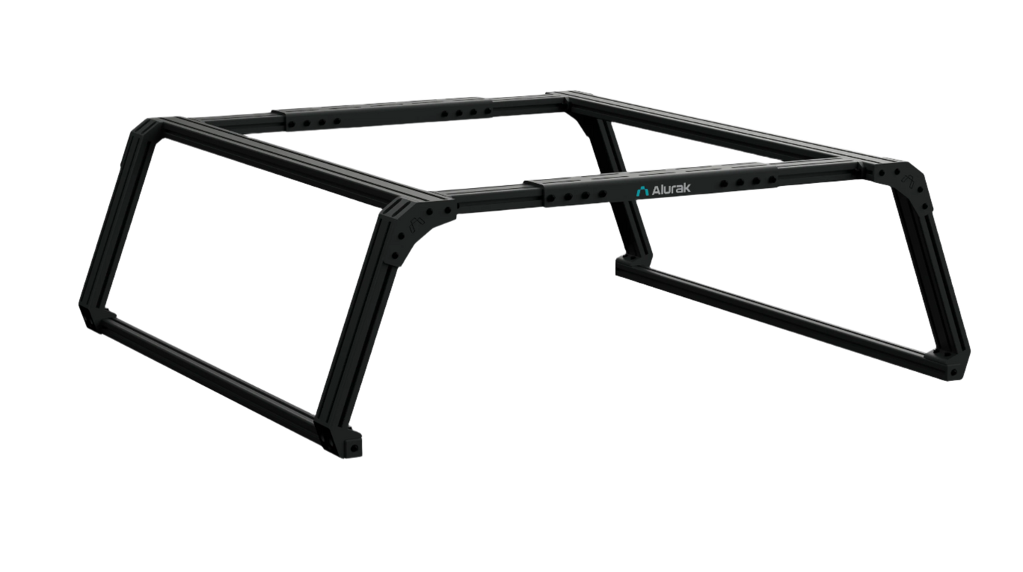 3D render of the Alurak adjustable bed rack for utility vehicles.